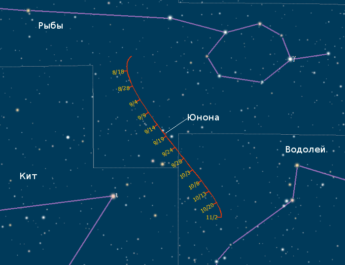 Поисковая карта для астероида Юнона. Видимый путь с 18 августа по 2 ноября