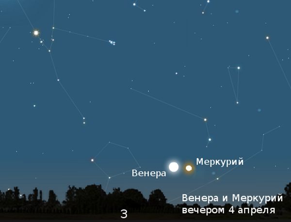 Венера и Меркурий вечером в апреле 2010