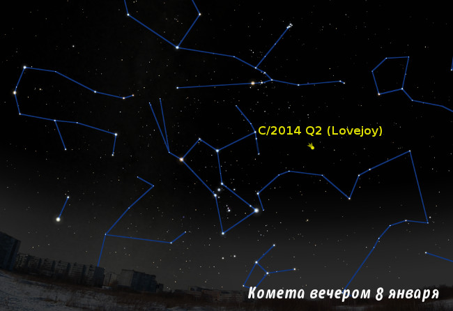 Комета C/2014 Q2 (Lovejoy) на вечернем небе января 2015